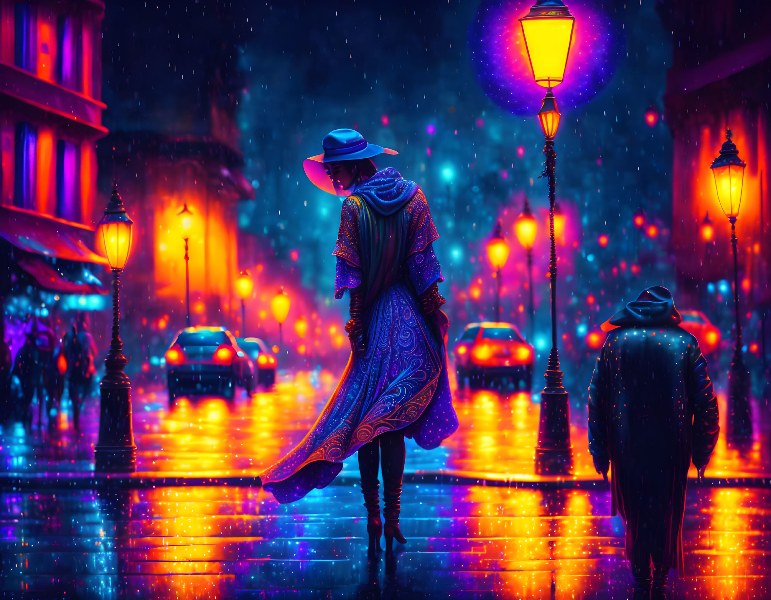Person in patterned cloak and hat walking on rainy, illuminated street at night