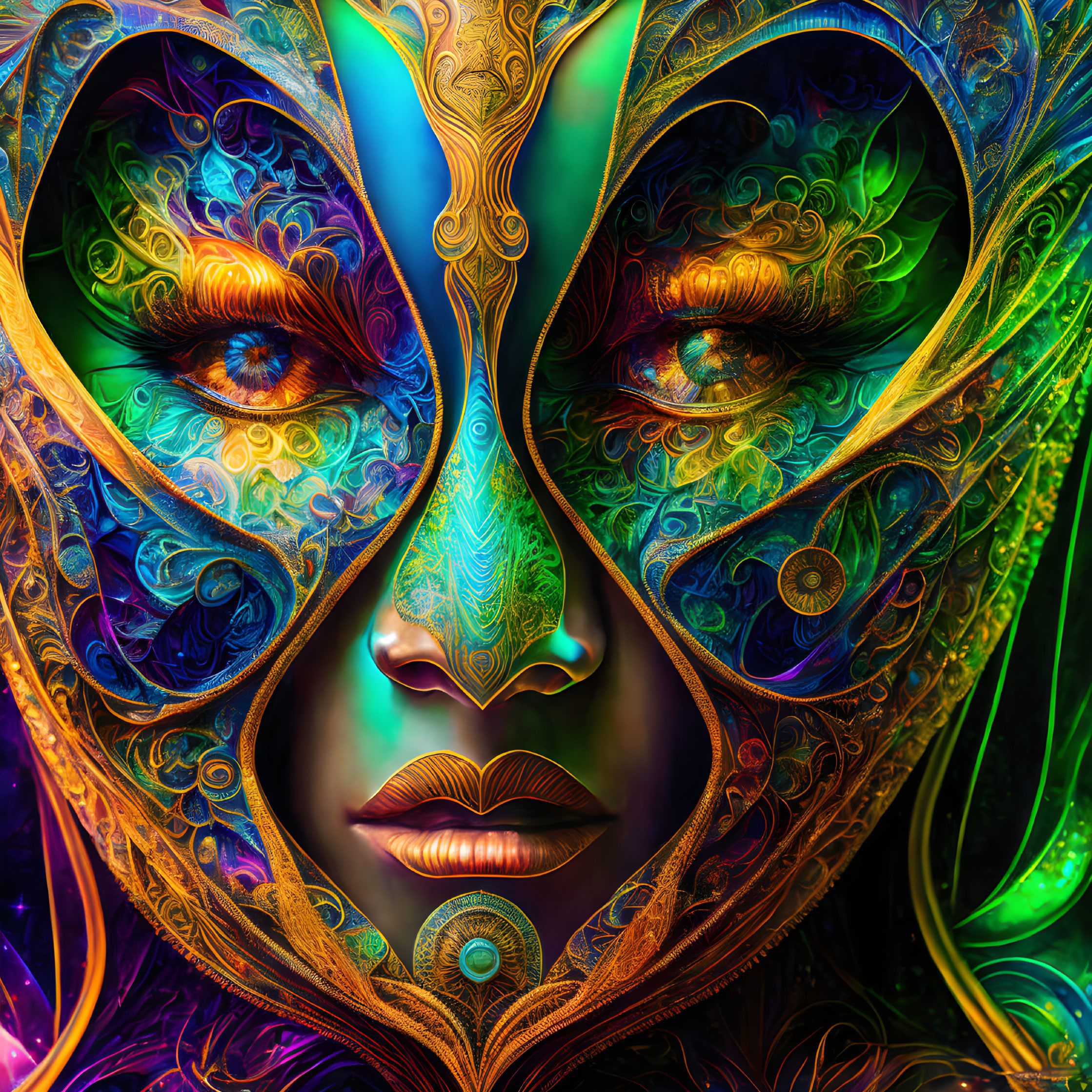 Colorful digital artwork of a face with ornate heart-shaped mask