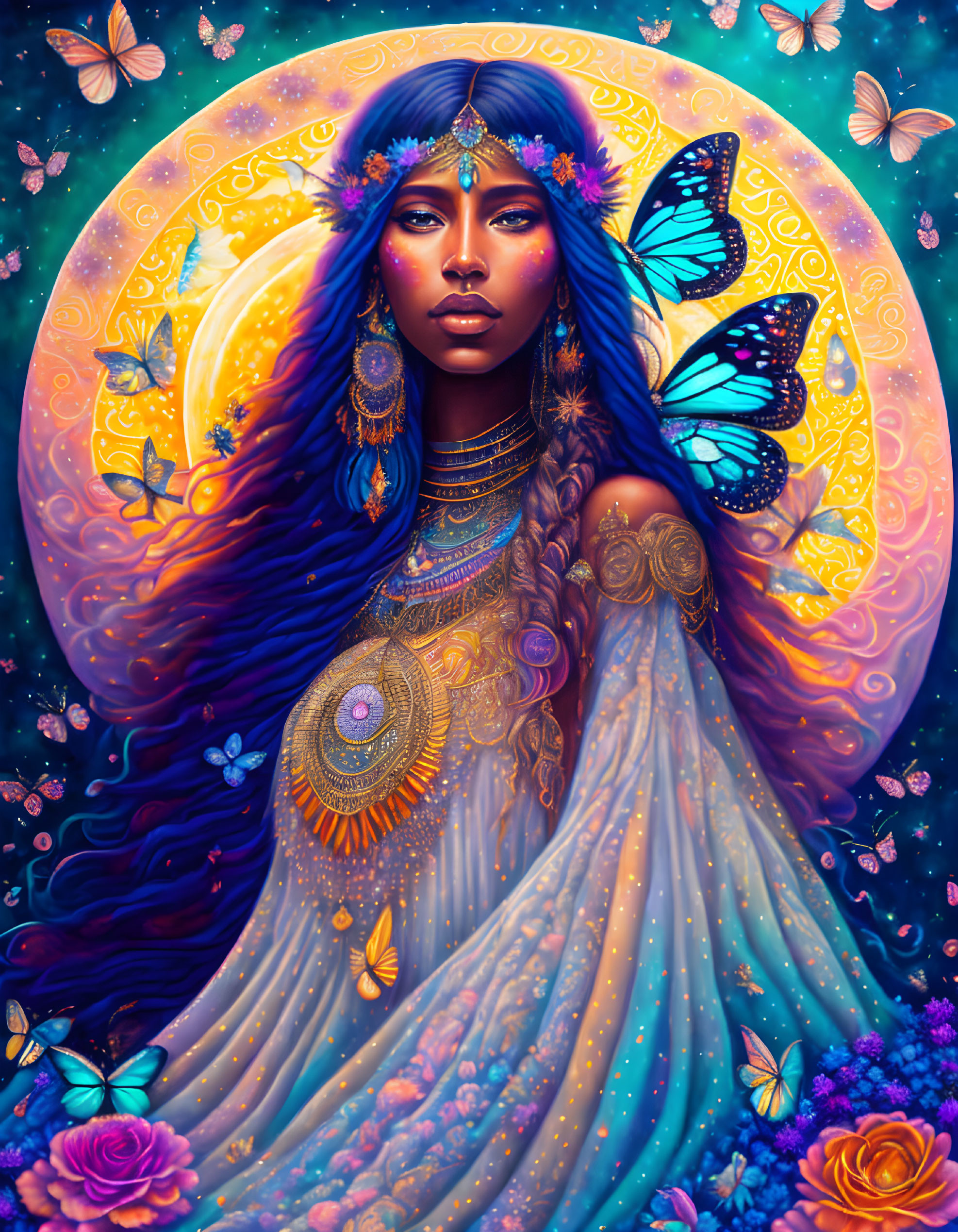 Portrait of Woman with Blue Skin, Floral and Jewelry Accents, Butterflies, and Halo