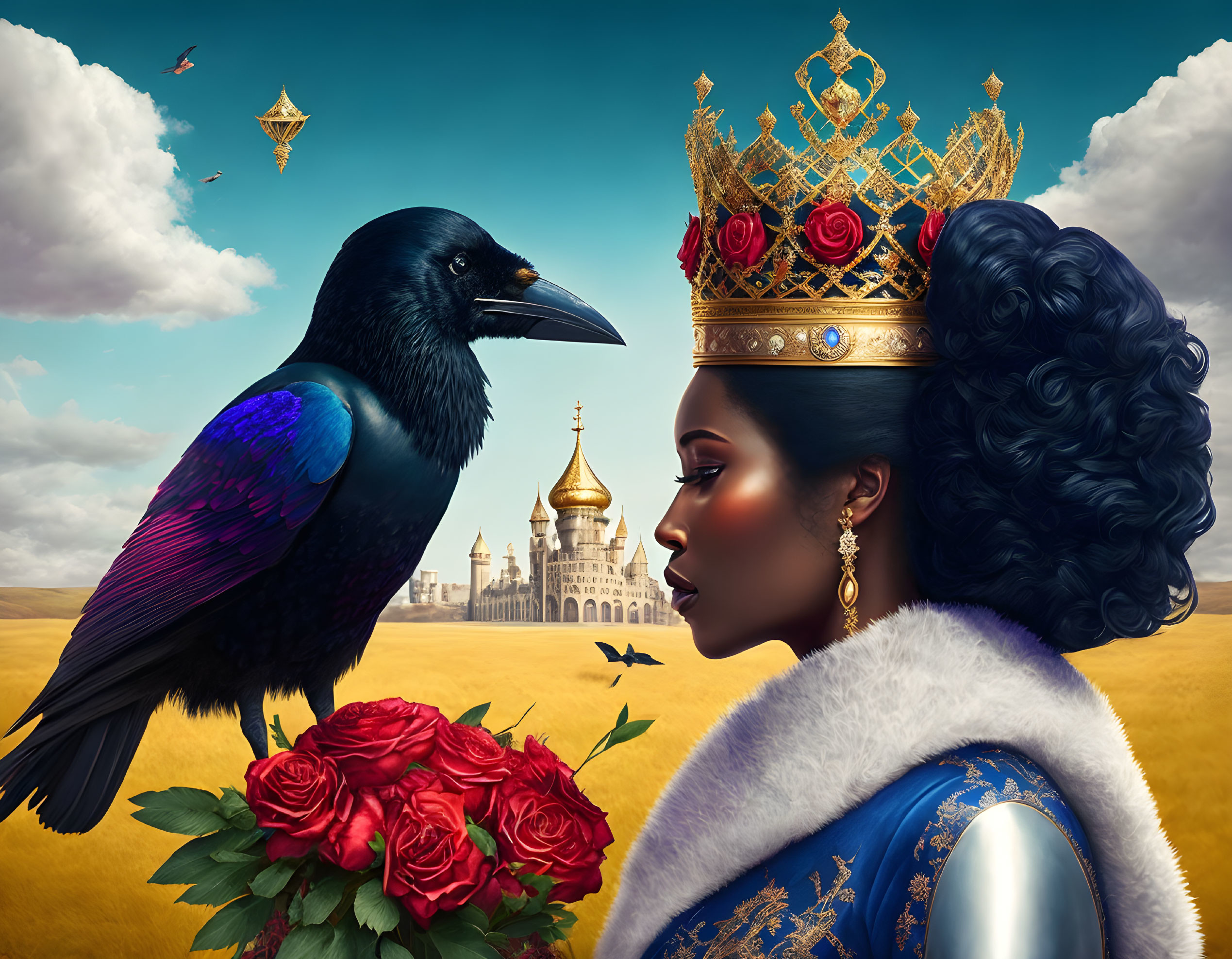 Regal woman with raven crown and red roses in fantastical setting