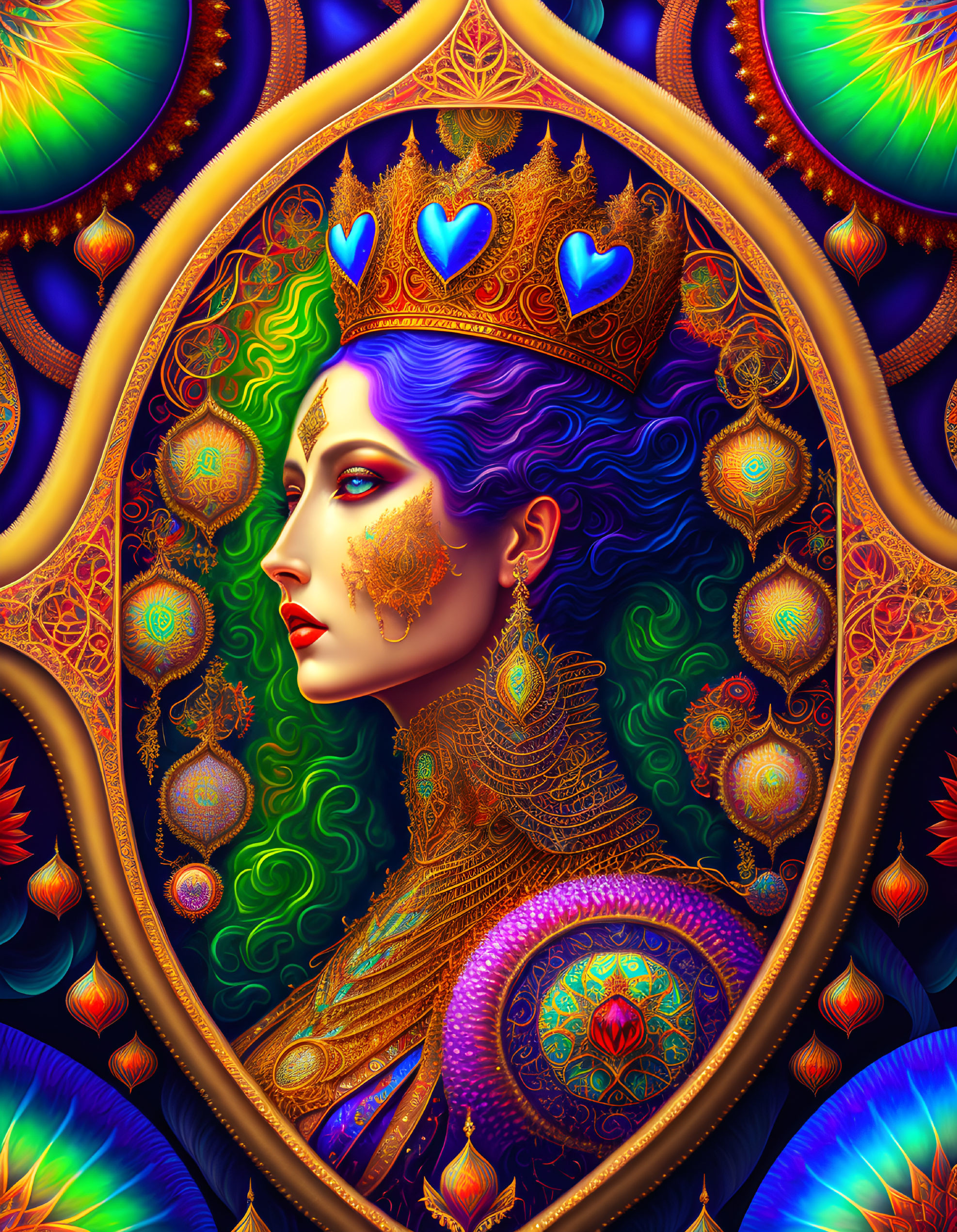 Colorful digital artwork: Woman with blue hair and gold details in front of peacock feathers and orn