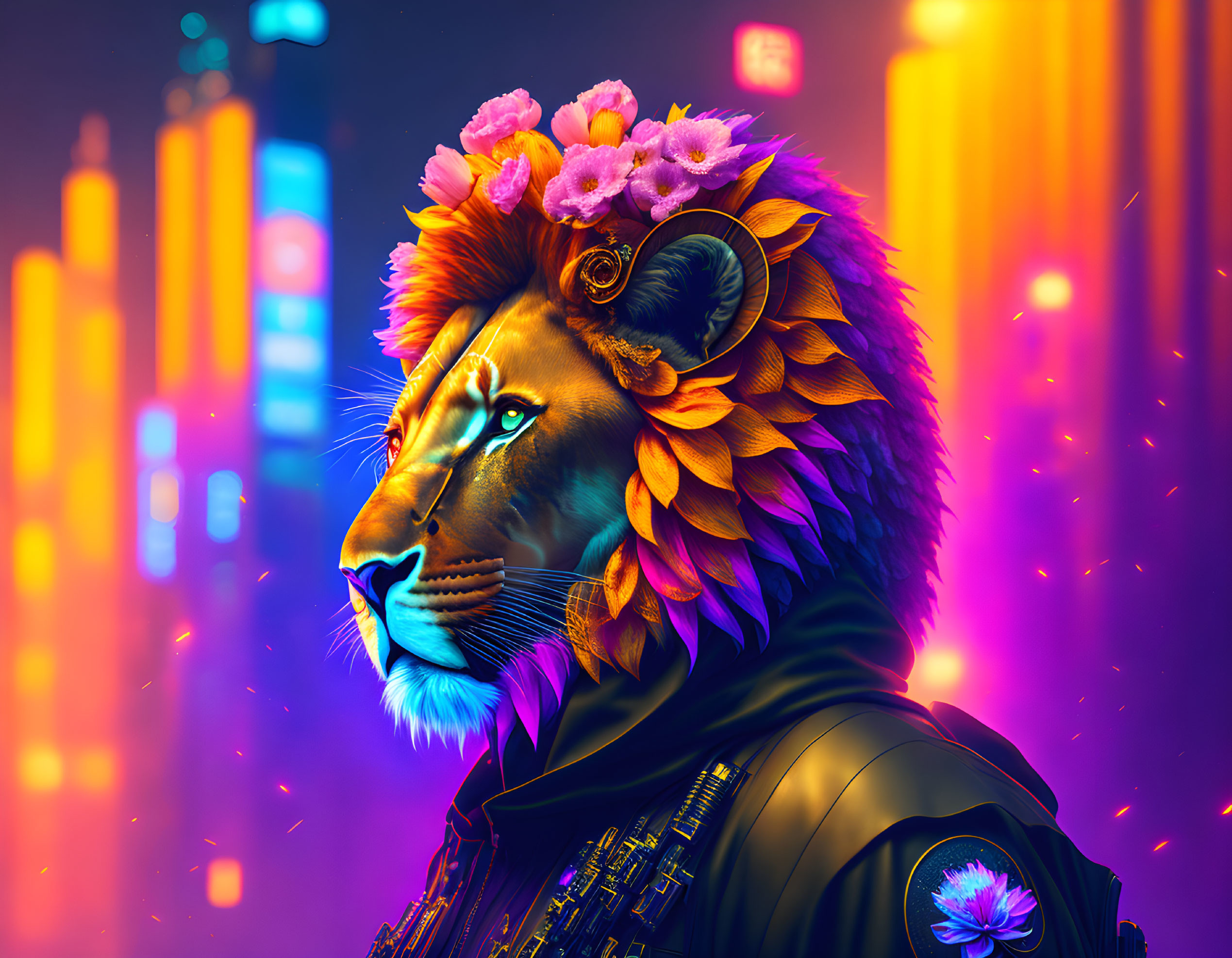 Colorful digital artwork: stylized lion with orange mane and pink flowers against neon cityscape.