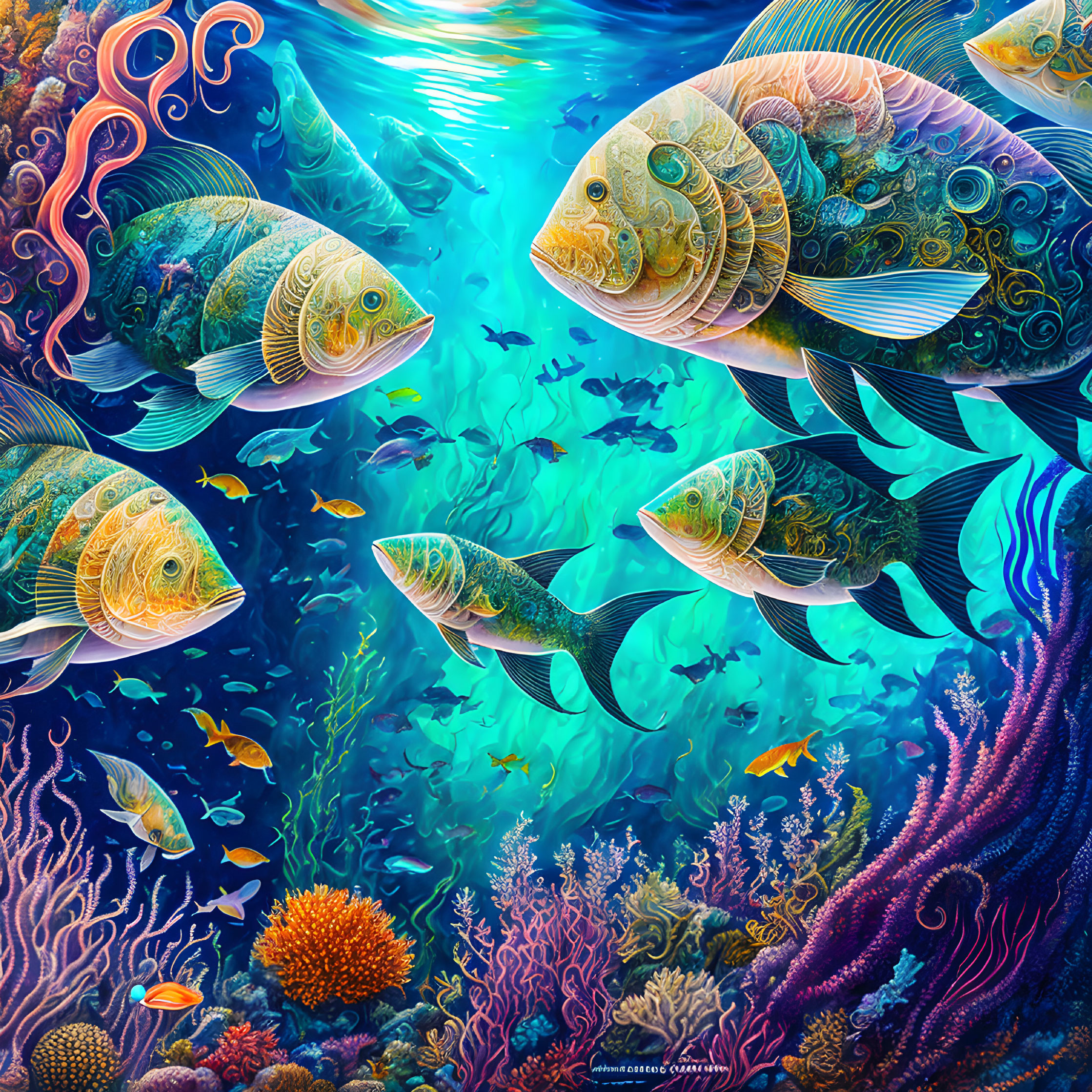 Vibrant Fish and Coral Reefs in Sunlit Ocean