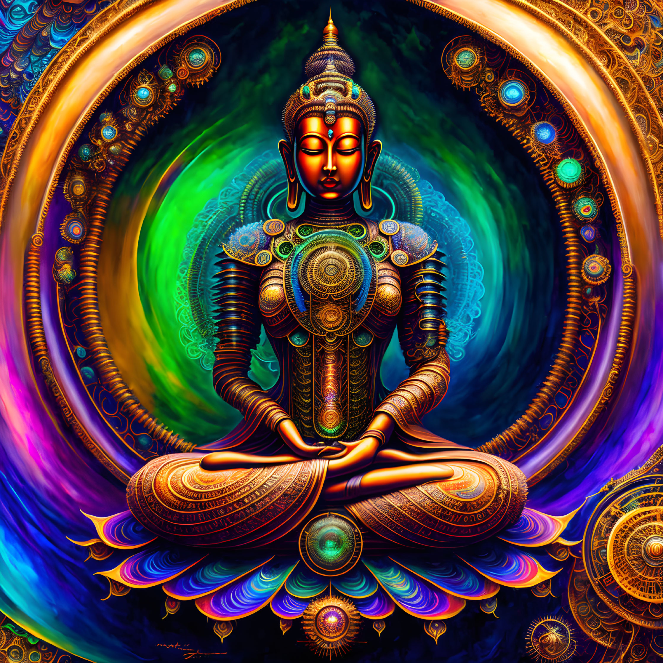 Colorful digital artwork: Meditating figure with multiple arms in ornate, spiritual background