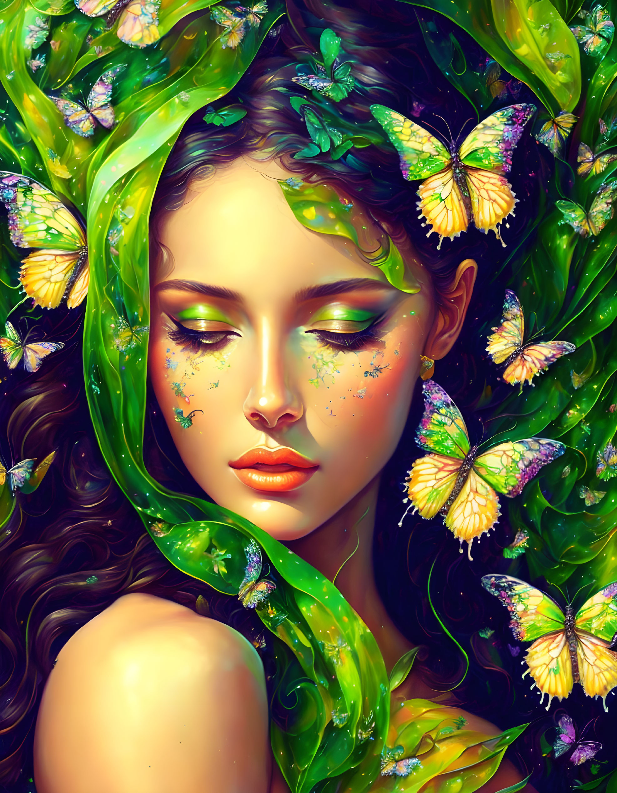 Detailed illustration of woman with curly hair, surrounded by green leaves and vibrant butterflies