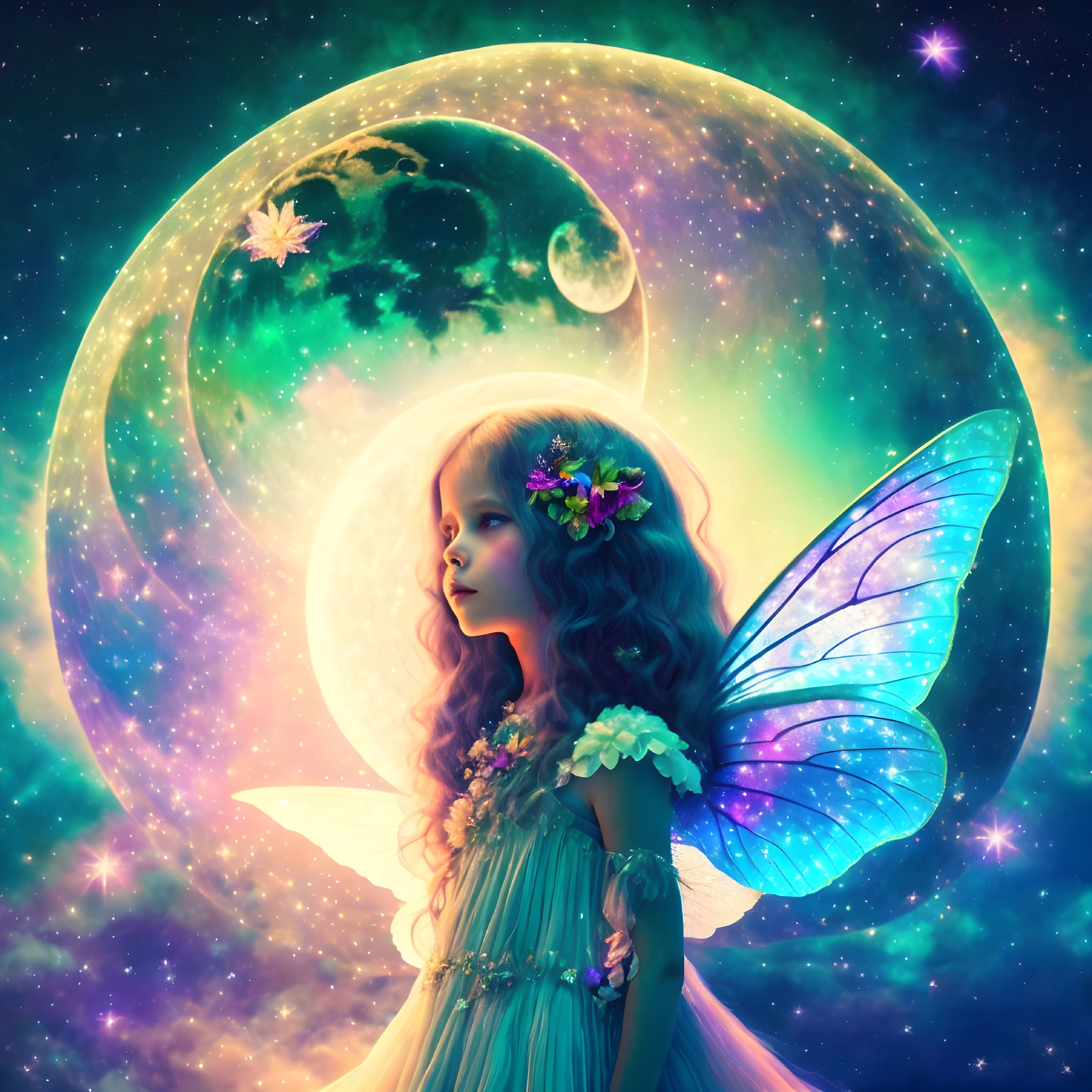 Fantasy illustration of young girl with butterfly wings in starry sky