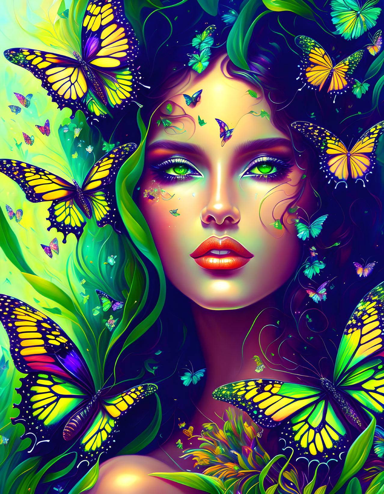 Colorful Butterfly-Themed Digital Portrait of a Woman