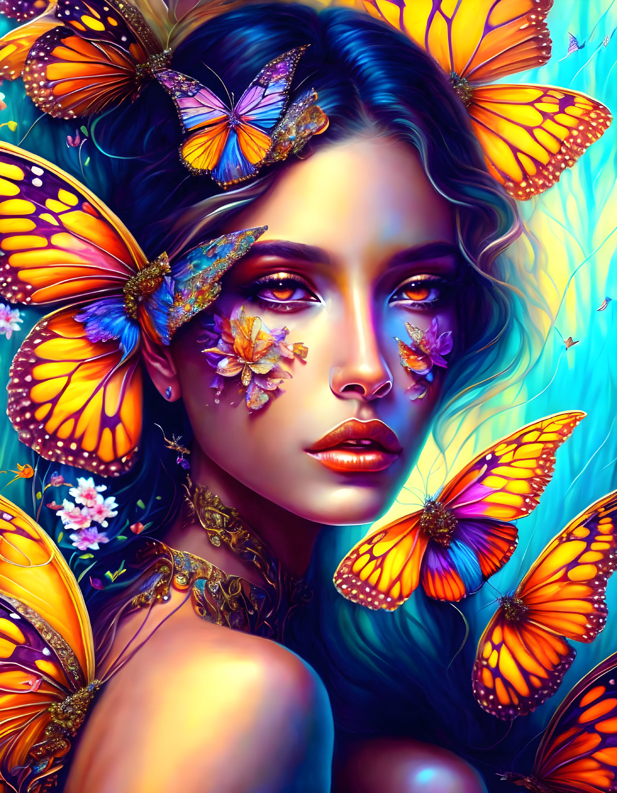 Woman with Orange Butterflies and Floral Face Decor, Fantastical Portrait