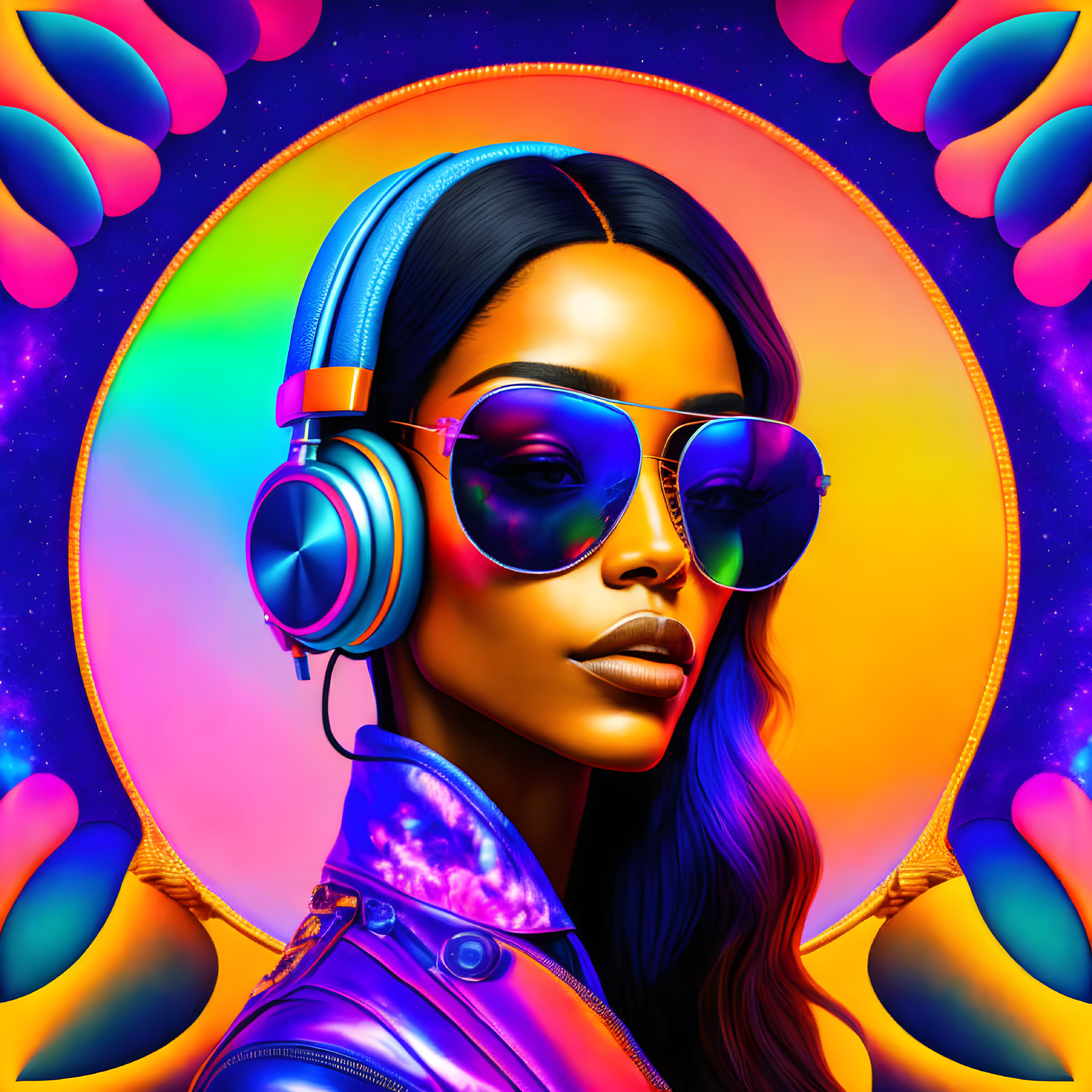 Colorful digital artwork featuring stylized woman with sunglasses and headphones on psychedelic background