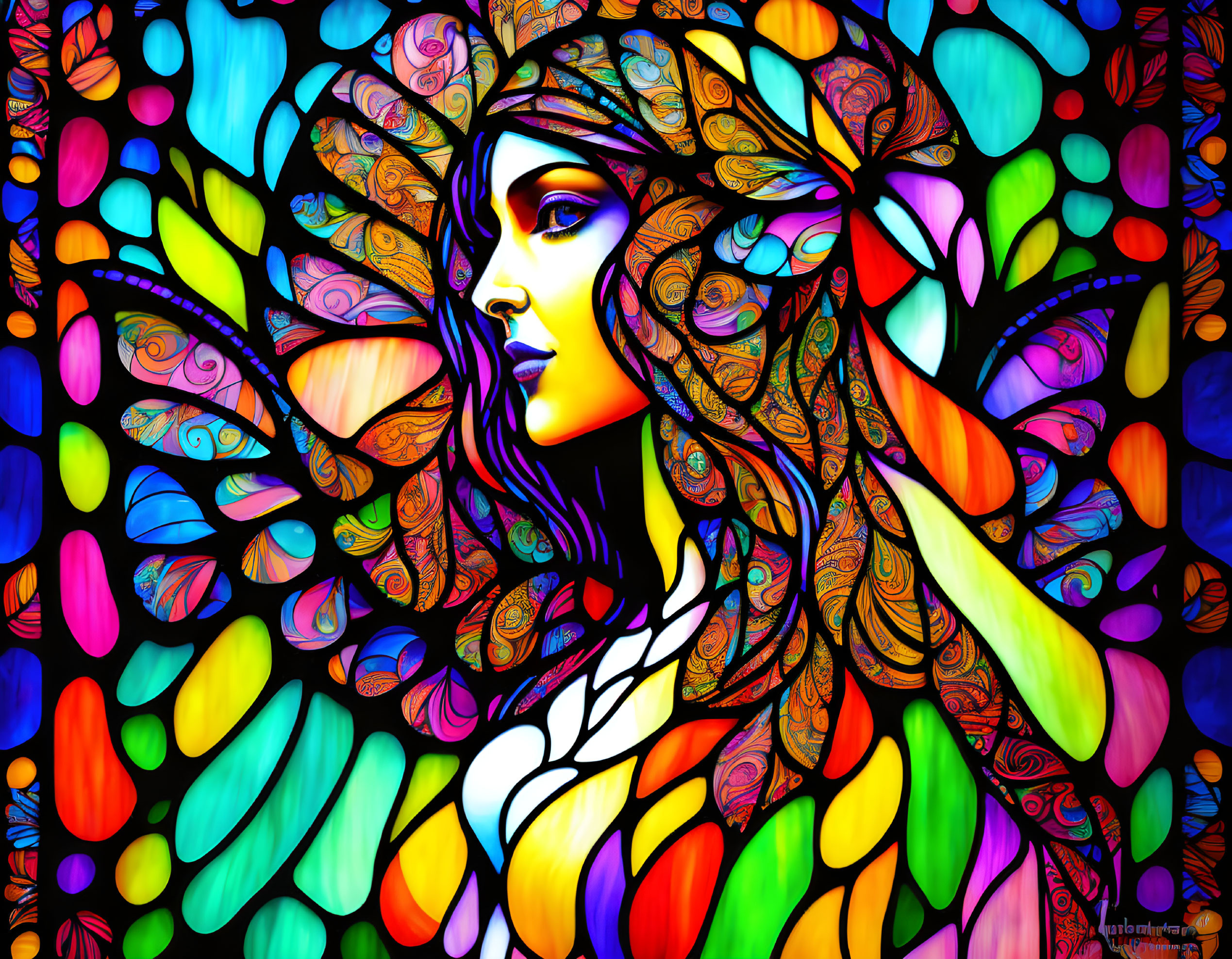 Colorful Woman with Butterfly Wings in Stained Glass Style