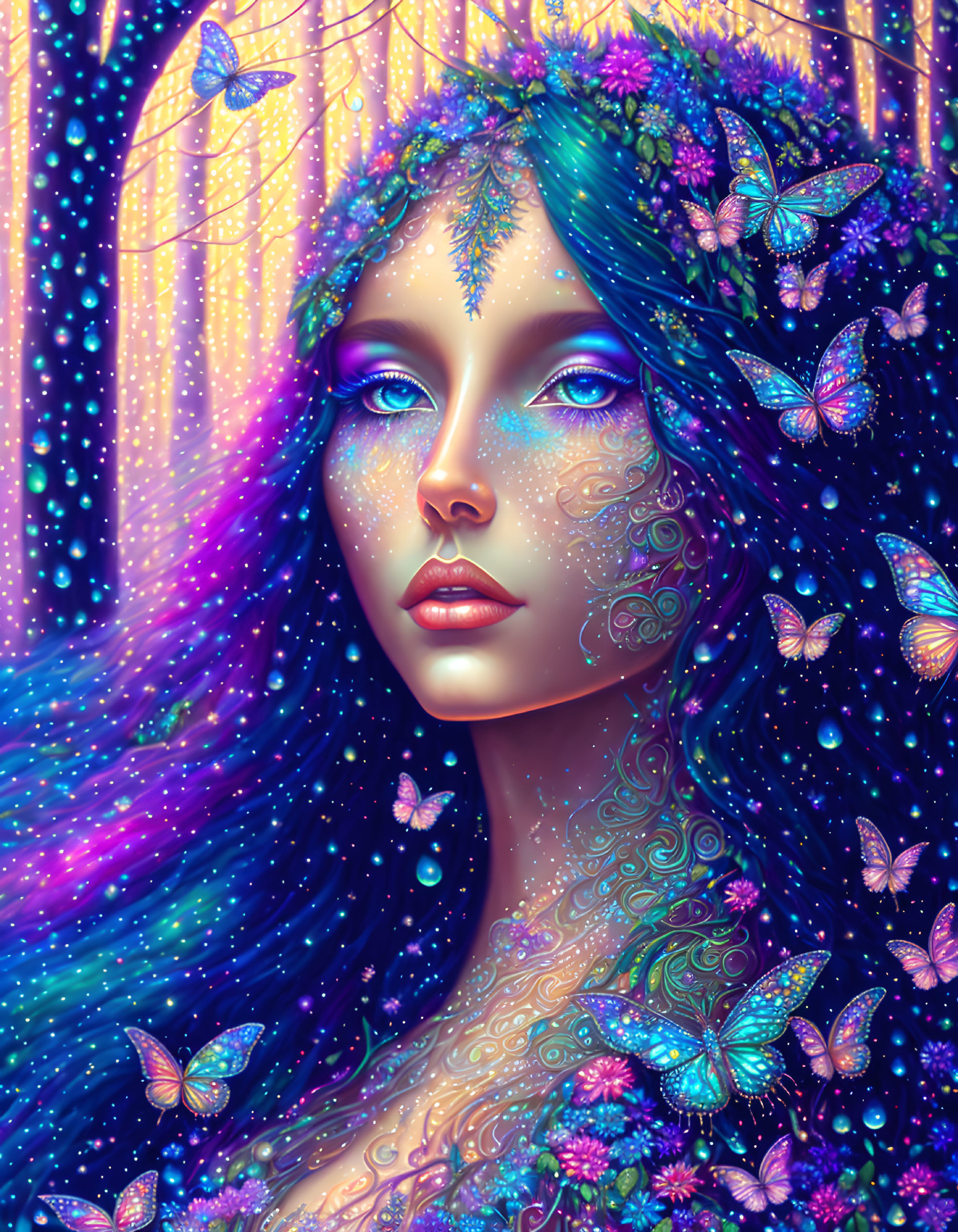 Blue-skinned woman with butterflies and vibrant hair in fantasy portrait