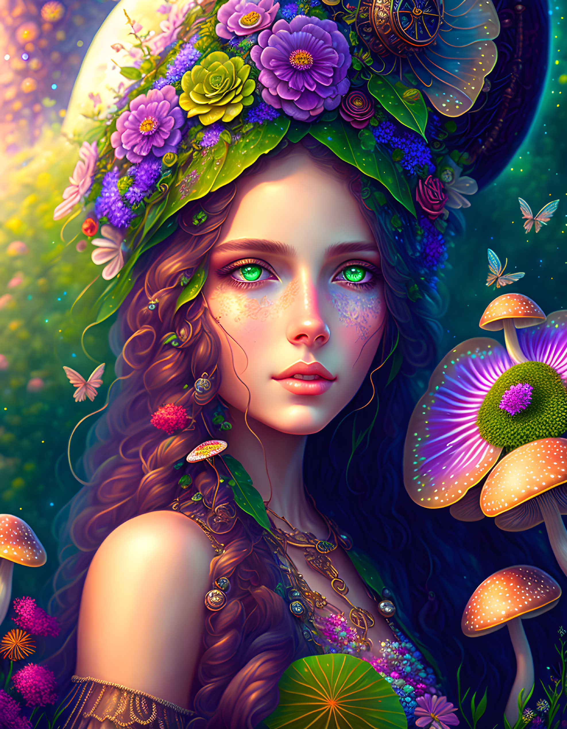 Colorful woman with floral crown, butterflies, and glowing mushrooms in fantasy illustration
