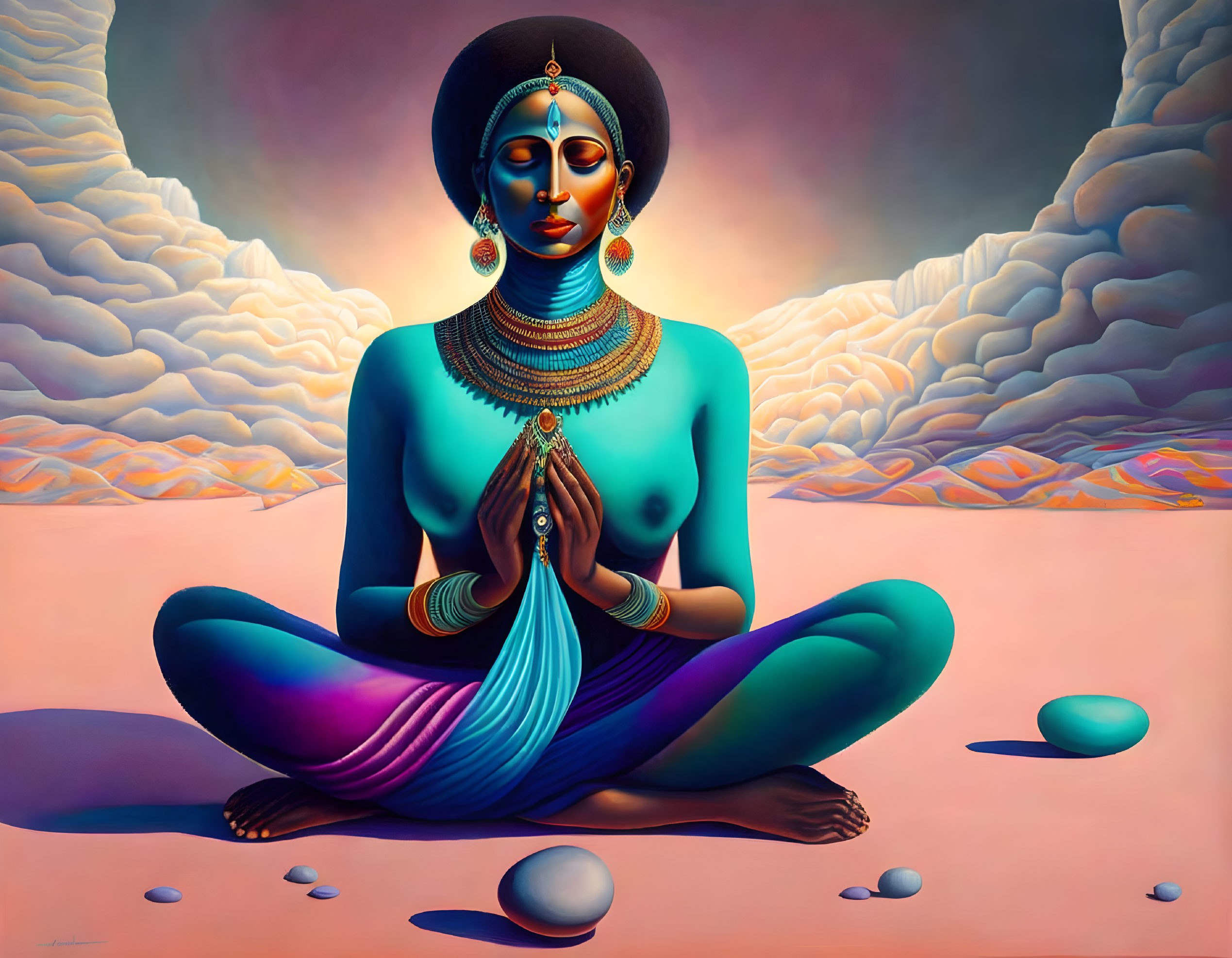 Blue-skinned figure meditating in lotus position against desert backdrop