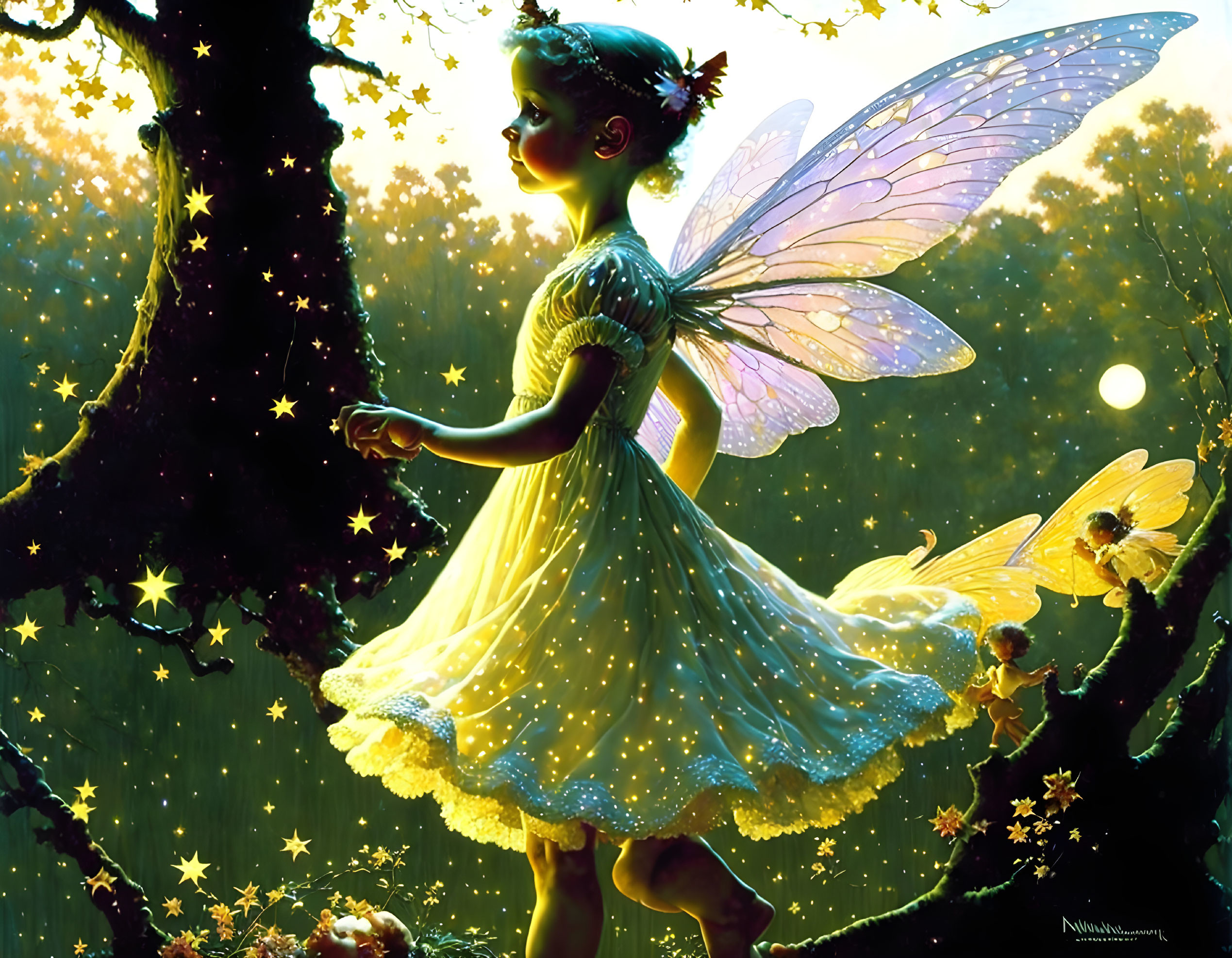 Young fairy in glowing yellow dress surrounded by sparkles