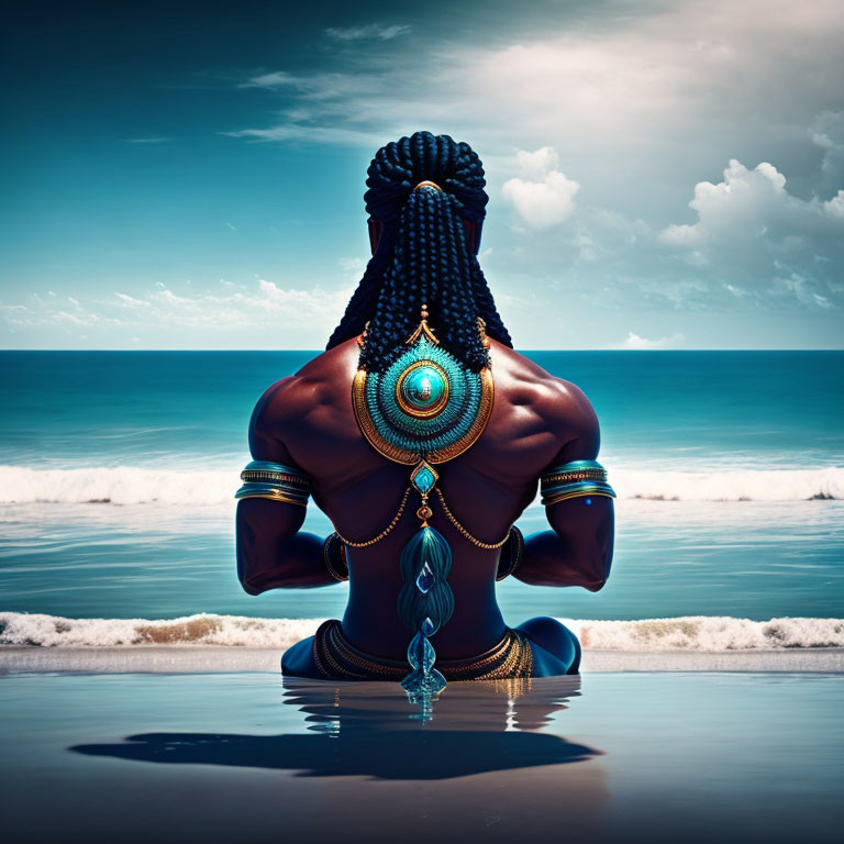 Braided hair person gazes at ocean under blue sky