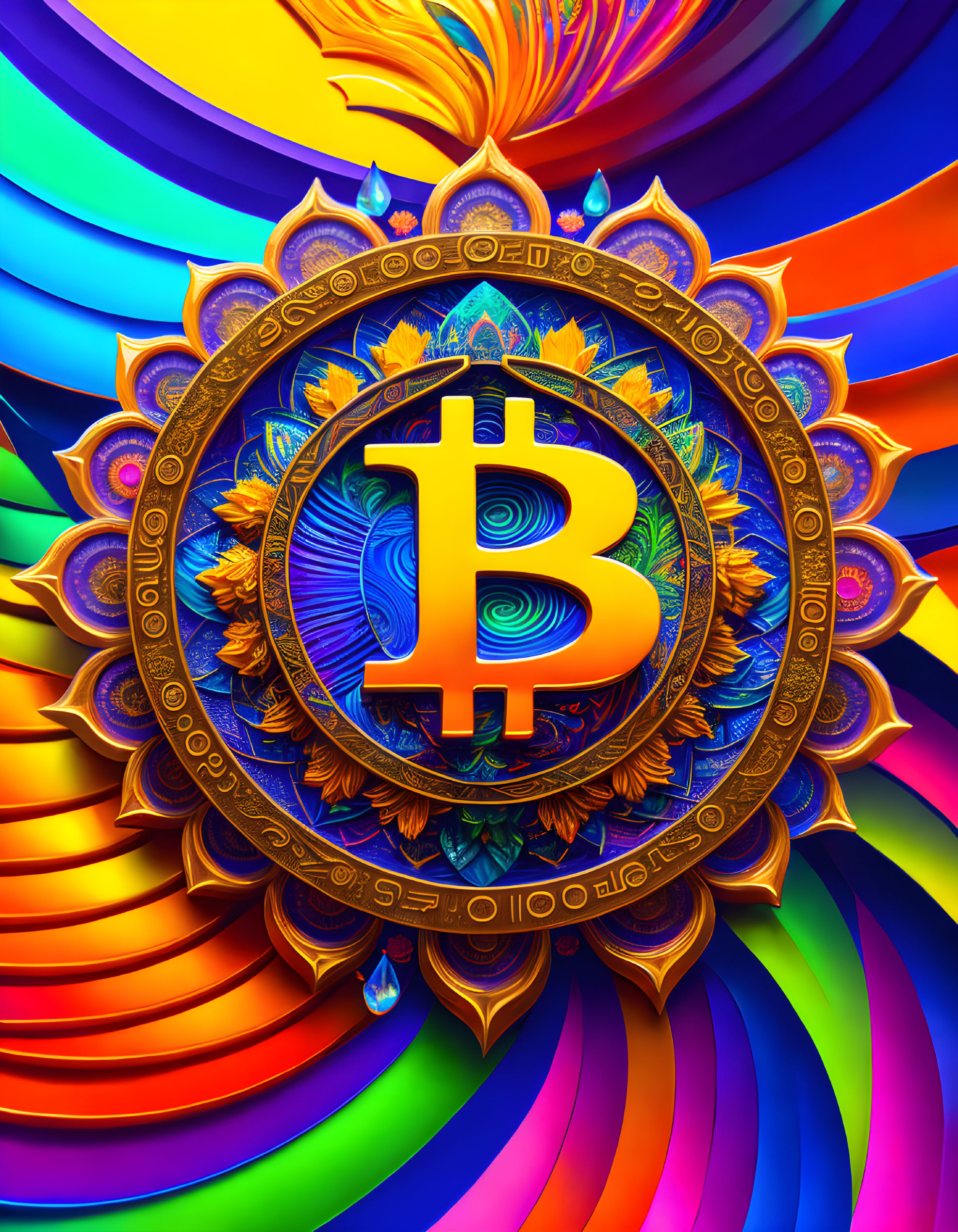 Colorful Digital Art: Stylized Bitcoin Symbol Surrounded by Psychedelic Patterns