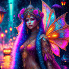 Colorful fairy with flowered butterfly wings in snowy street scene