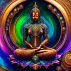 Colorful digital artwork: Meditating figure with multiple arms in ornate, spiritual background