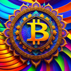 Colorful Digital Art: Stylized Bitcoin Symbol Surrounded by Psychedelic Patterns