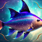 Colorful Cosmic Fish Swimming in Star-Filled Galaxy Background