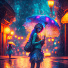 Fantastical scene of individuals with glowing umbrellas on rain-soaked street