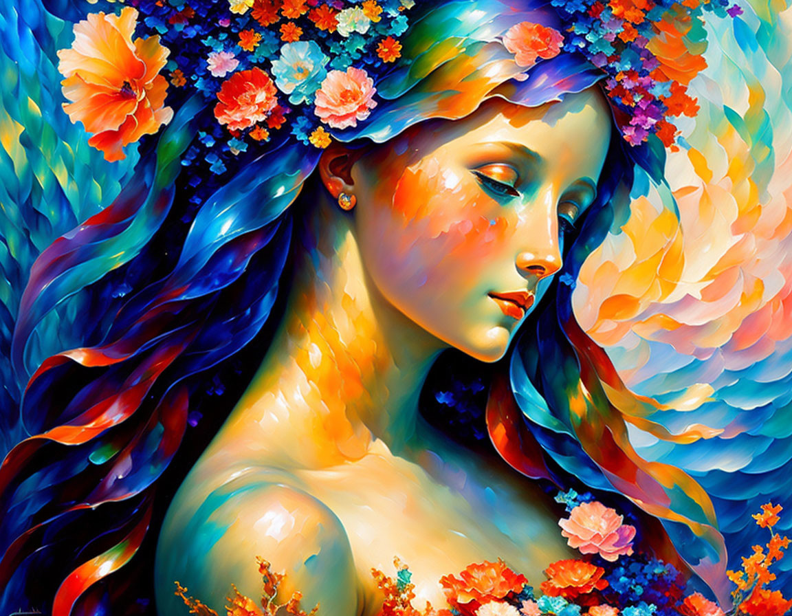 Colorful Woman with Flowing Hair and Flowers on Abstract Background