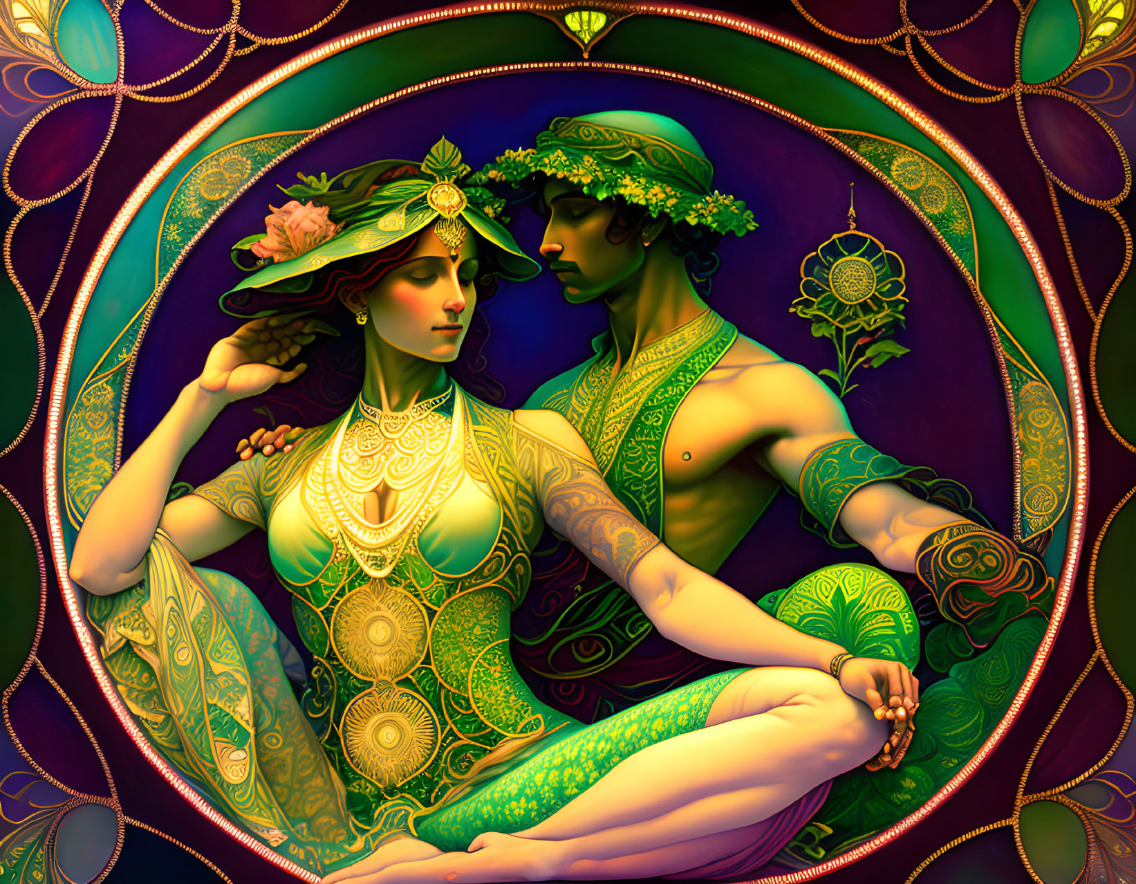 Detailed illustration of man and woman in green and gold attire with floral crowns surrounded by intricate patterns.