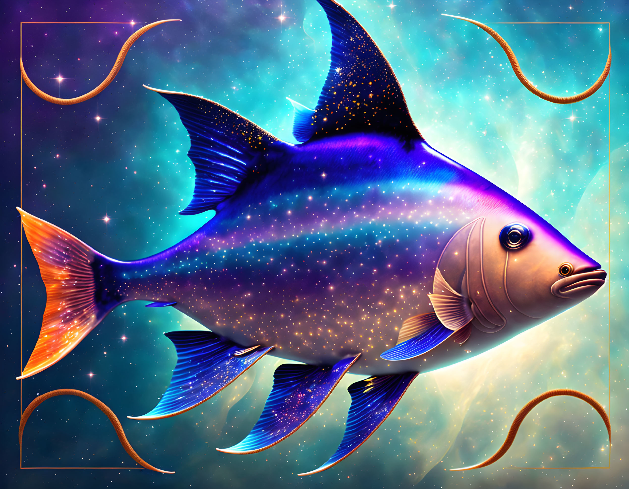 Colorful Cosmic Fish Swimming in Star-Filled Galaxy Background