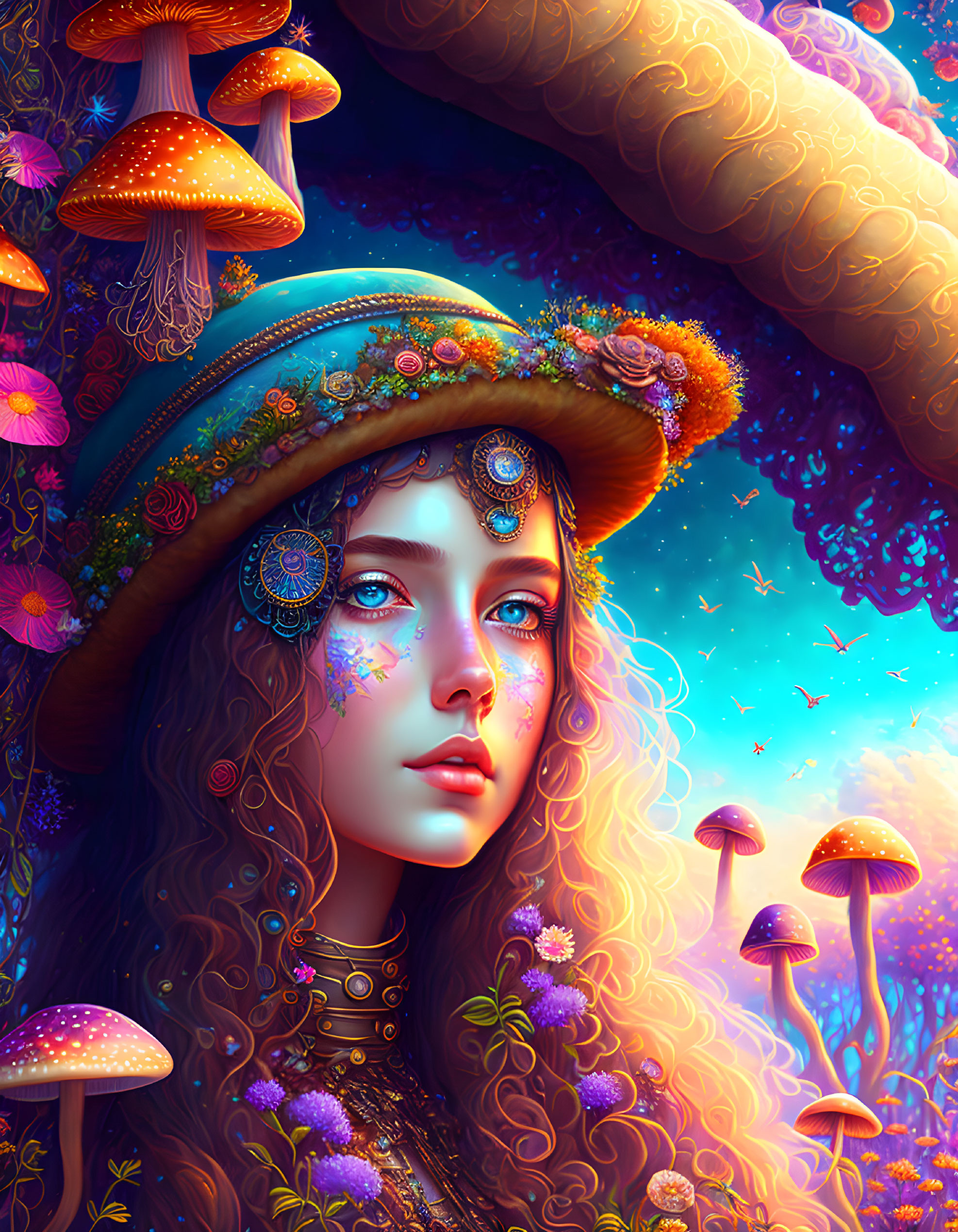 Colorful Woman with Mushrooms, Stars, Flowers, and Jewels