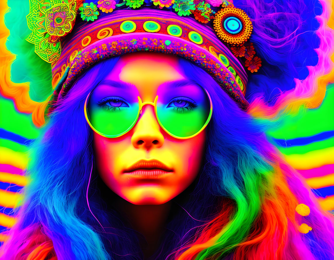 Colorful portrait: person with blue eyes, glasses, headband, set against neon background