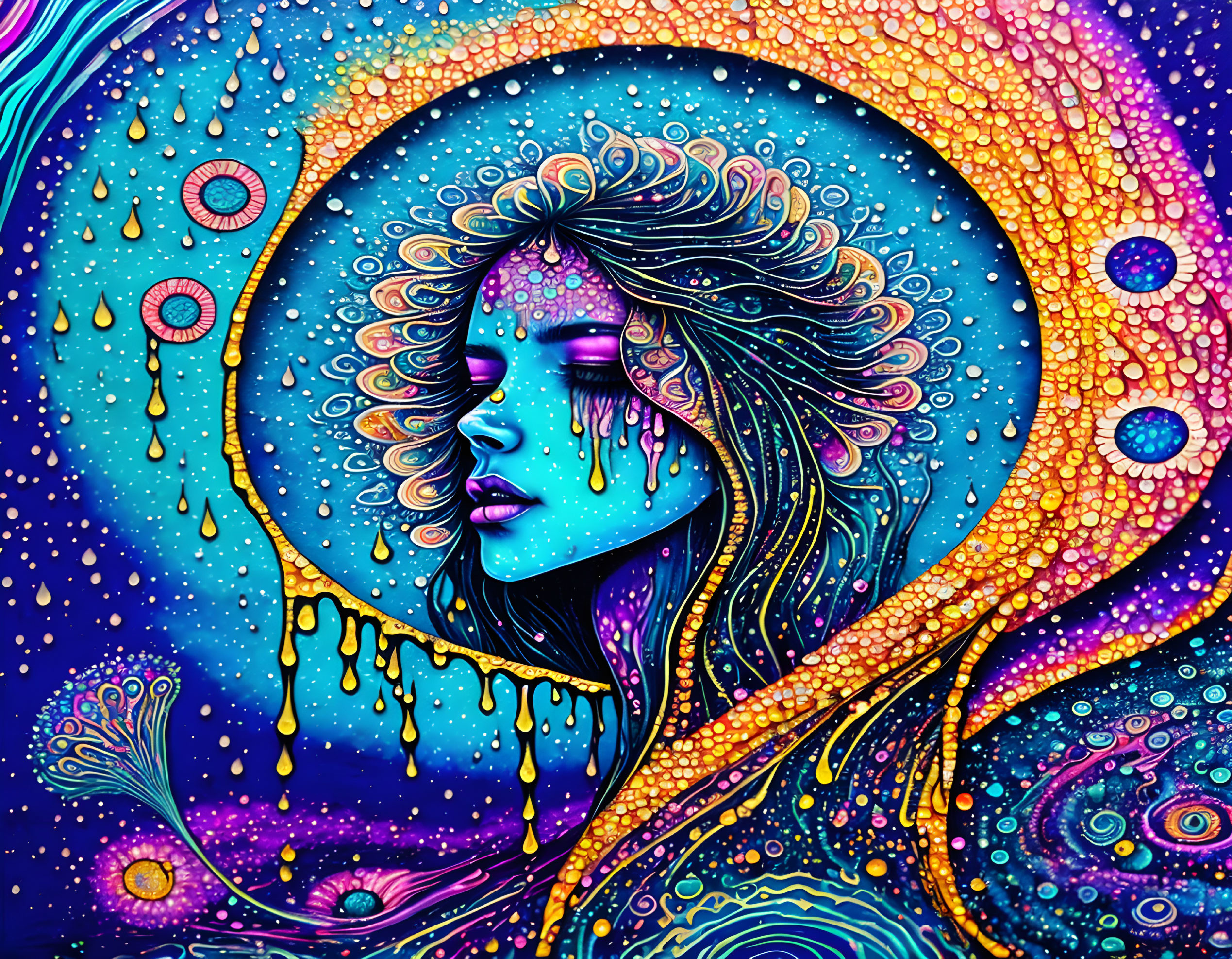 Colorful cosmic aura surrounds woman with closed eyes in vibrant artwork