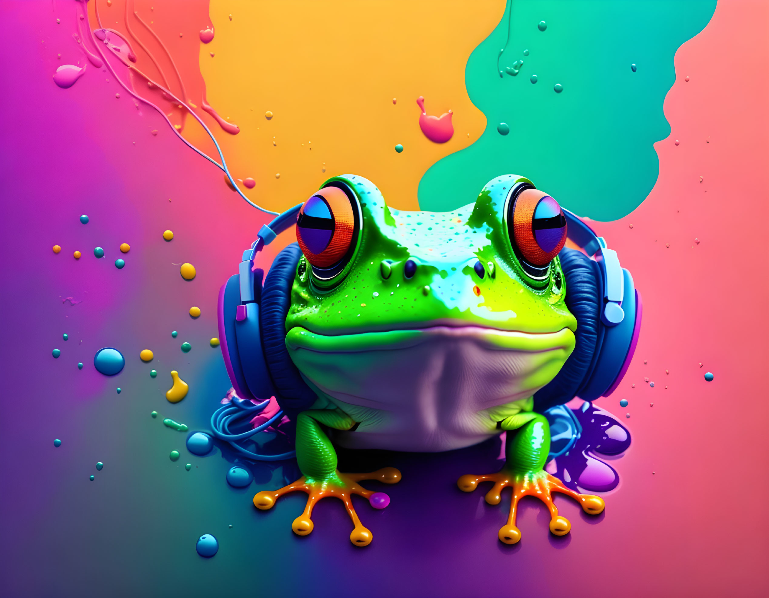 Colorful Frog Illustration with Headphones and Liquid Splashes