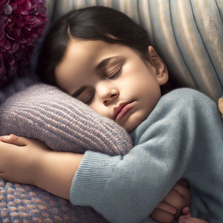 Young child peacefully sleeping with hydrangea flower beside them