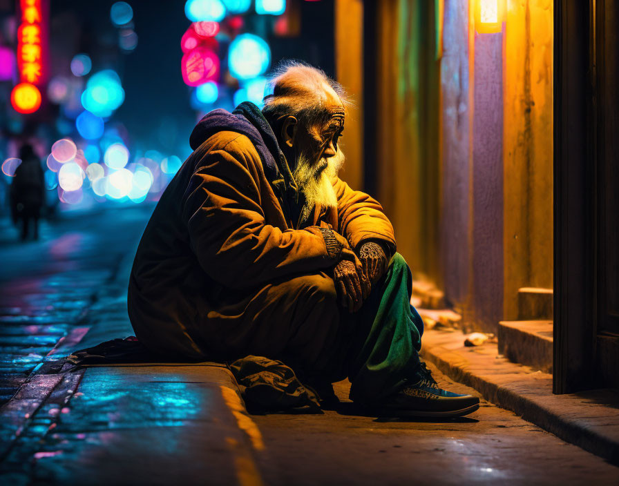 Elderly man with white beard sitting on curb at night under warm lights.