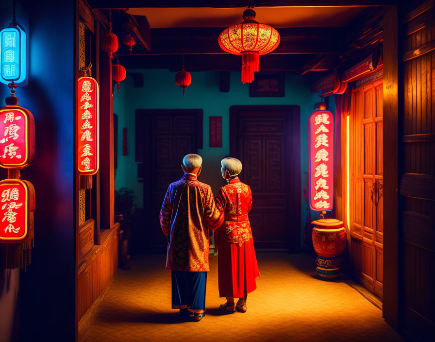 Elderly individuals in traditional Chinese attire walking down lantern-lit hallway