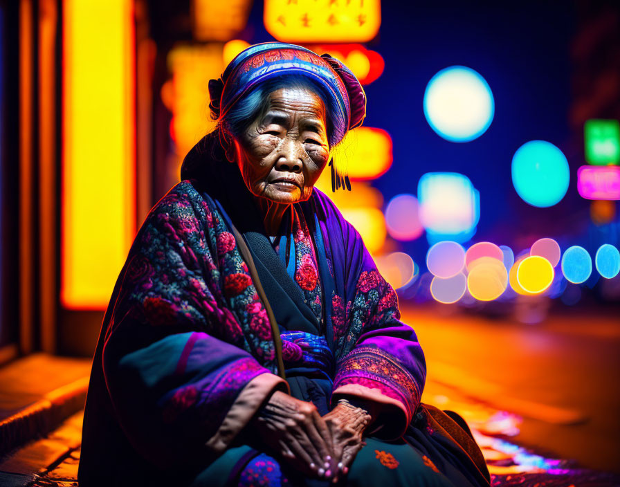 Elderly Woman in Traditional Attire Sitting by Neon-Lit Street at Night