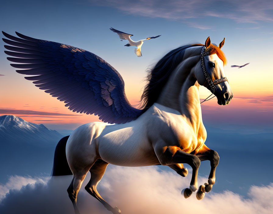 Majestic Pegasus with Blue Wings in Sunset Sky