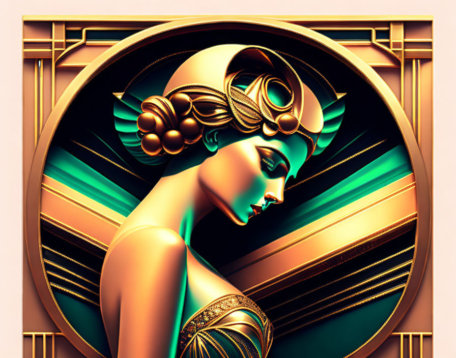 Woman with golden hair in Art Deco style on bronze and green background