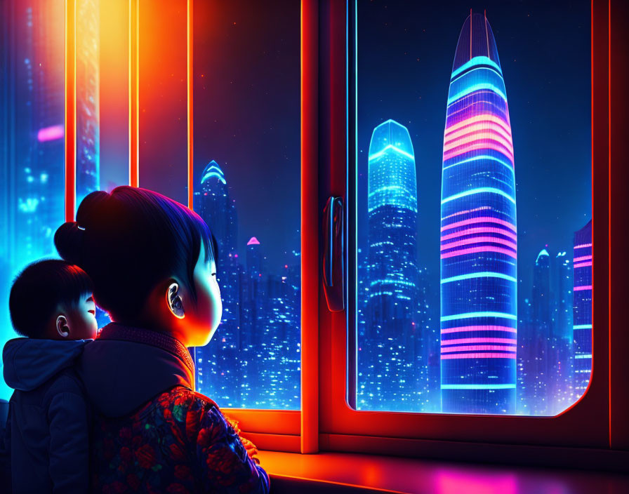 Children observing neon-lit futuristic cityscape at night