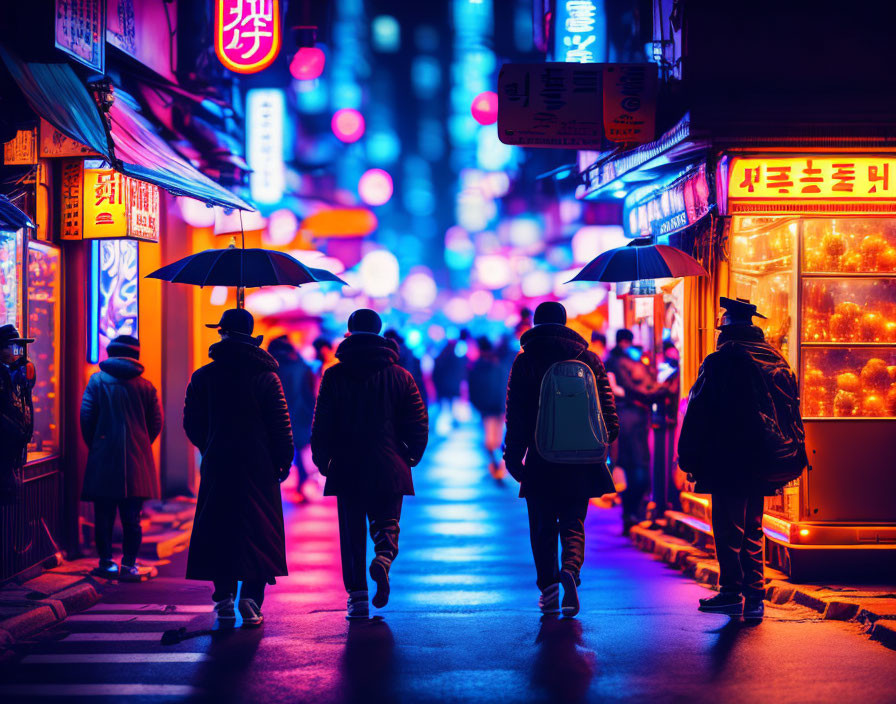 Nighttime cityscape with people walking under neon lights