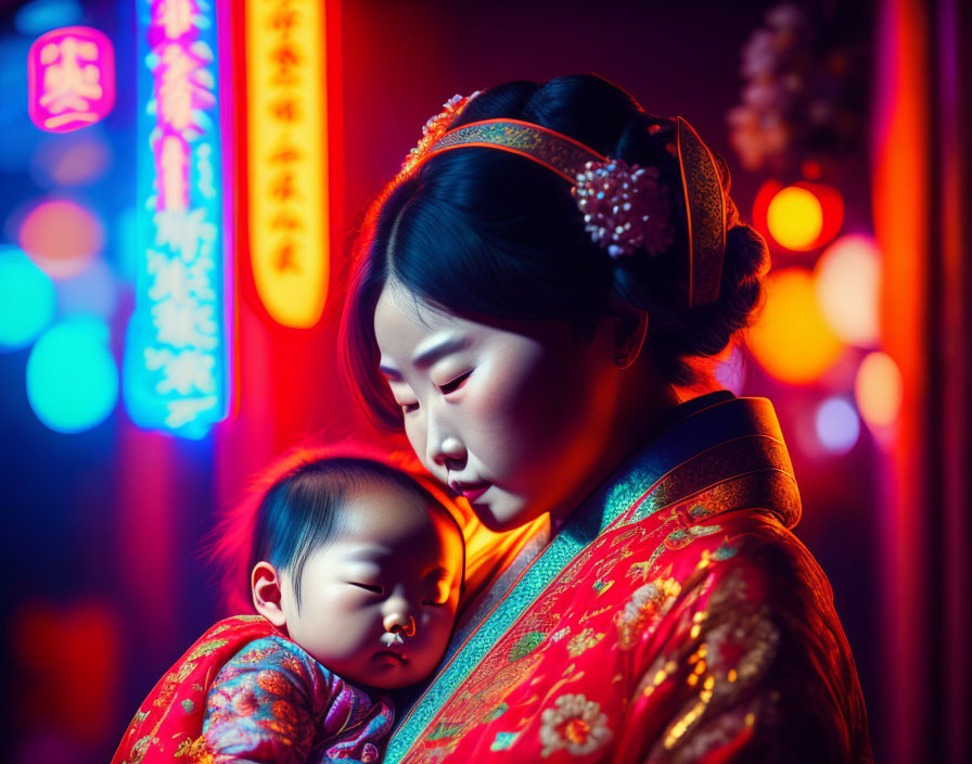 Traditional Asian woman holding a sleeping baby under neon lights