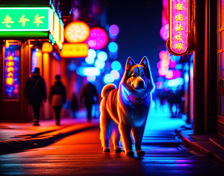 Dog walking on neon-lit street in Asian cityscape at night