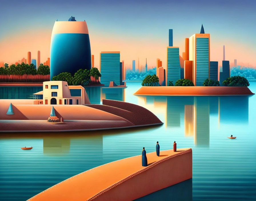 Serene cityscape illustration with geometric structures and figures at sunset