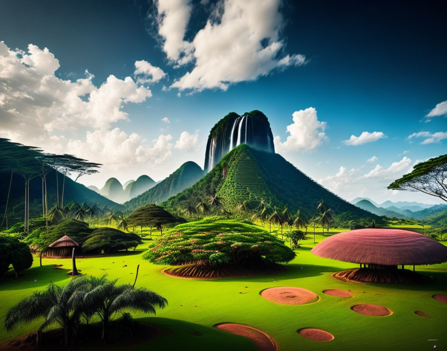 Scenic view of lush green hills, waterfall, huts, and circular gardens