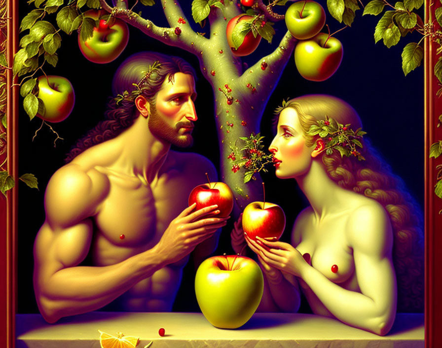 Symbolic portrayal of two figures in a garden exchanging fruit