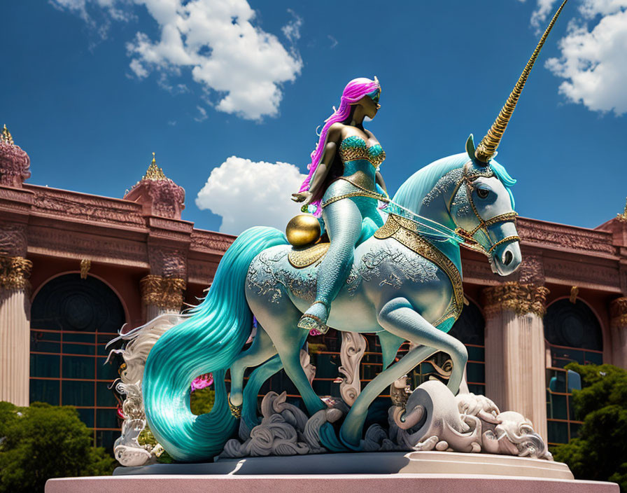 Colorful woman on unicorn statue in front of classical building landscape