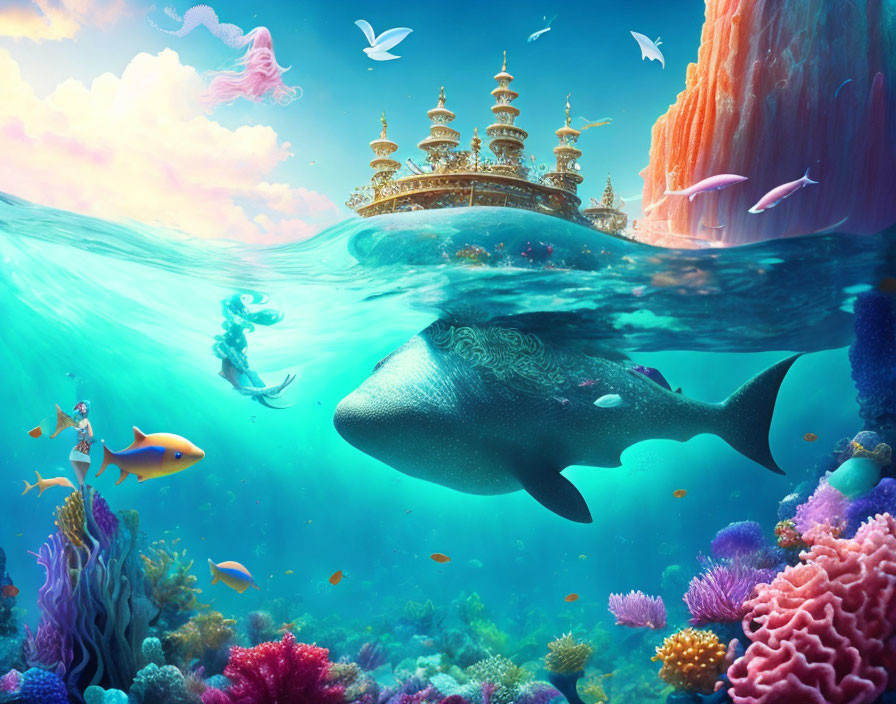 Colorful Underwater Scene with Whale, Palace, Corals, Fish, Mermaid, and D