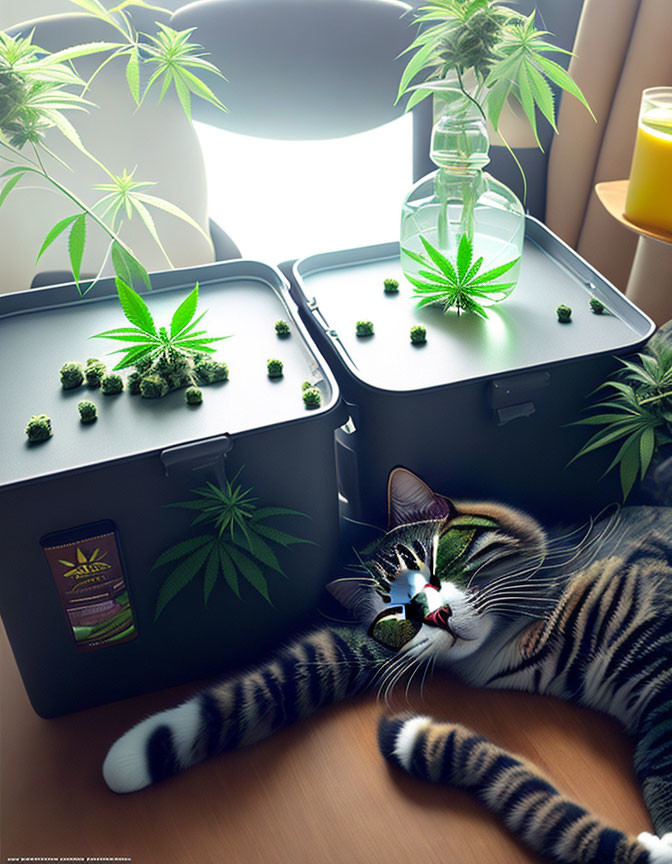 Striped fur cat resting near cannabis plants and vase by window
