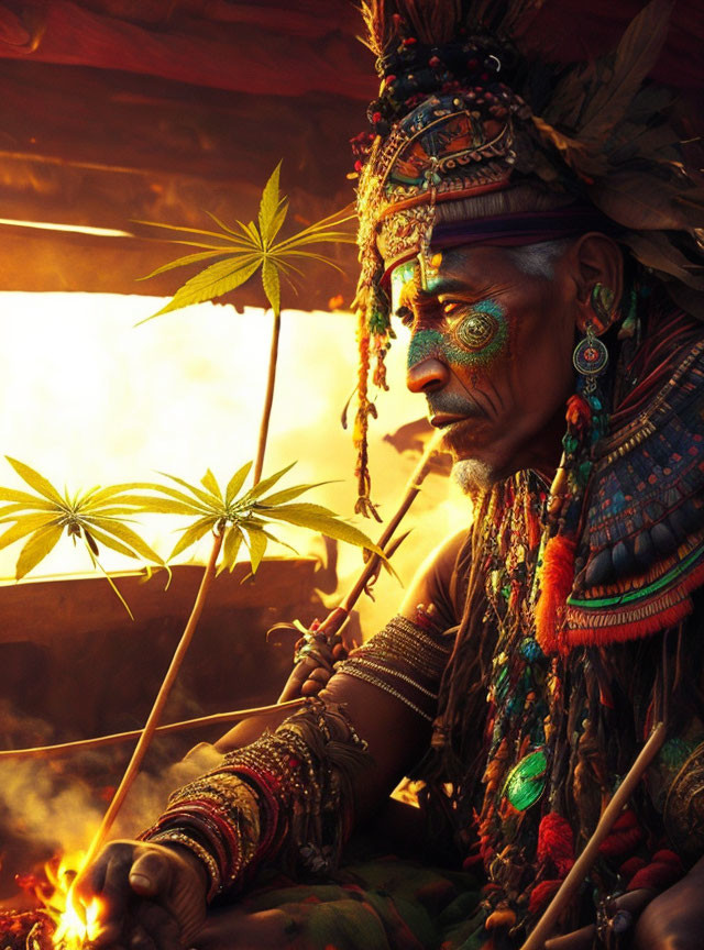 Indigenous elder in traditional attire with feathers and beads holding a plant