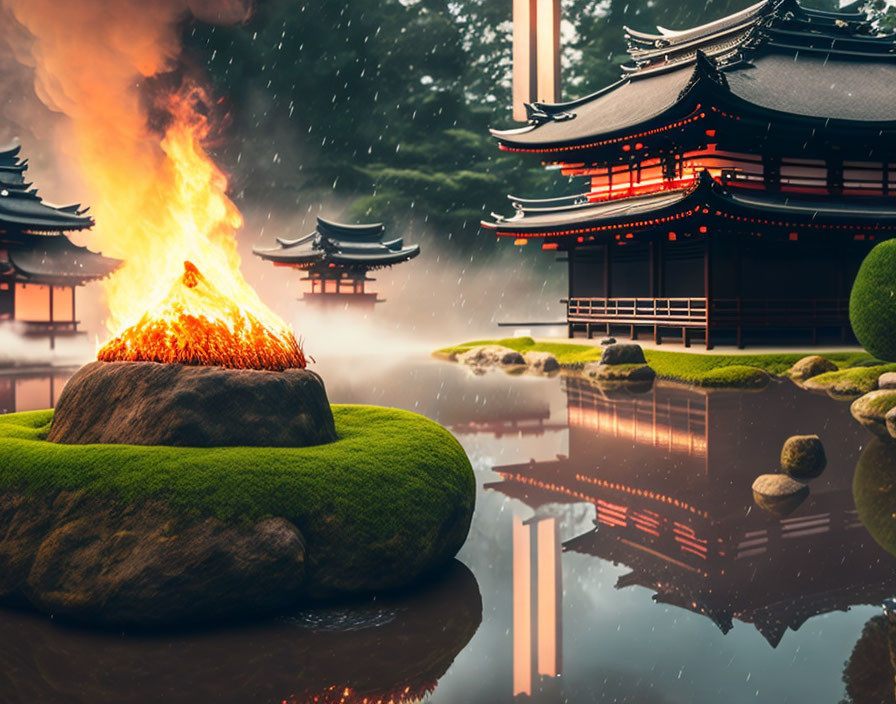 Moss-Covered Rock on Fire in Serene Pond at Japanese Temple